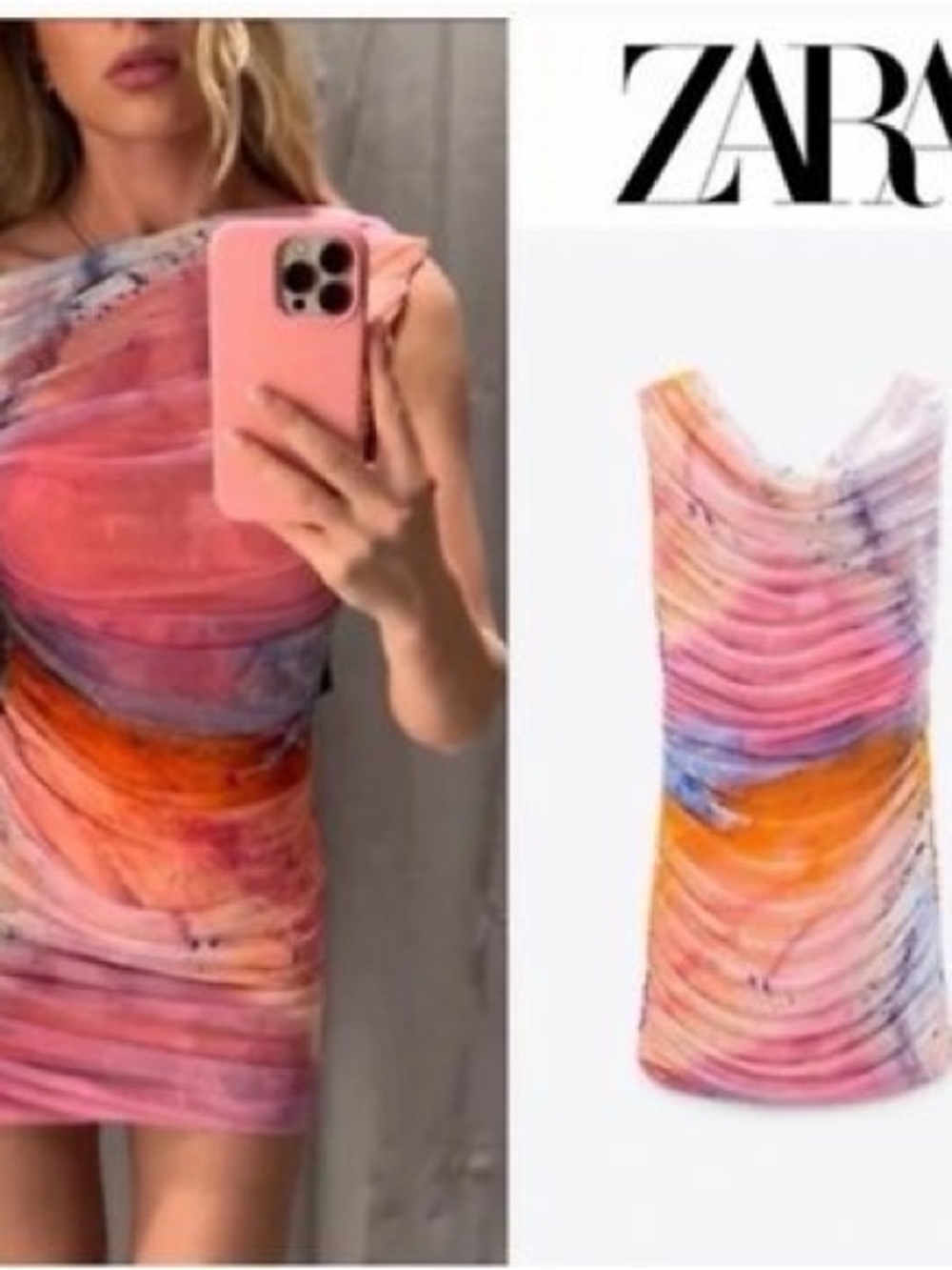 Zara Pink Orange Multicolor Ruched Mini Dress